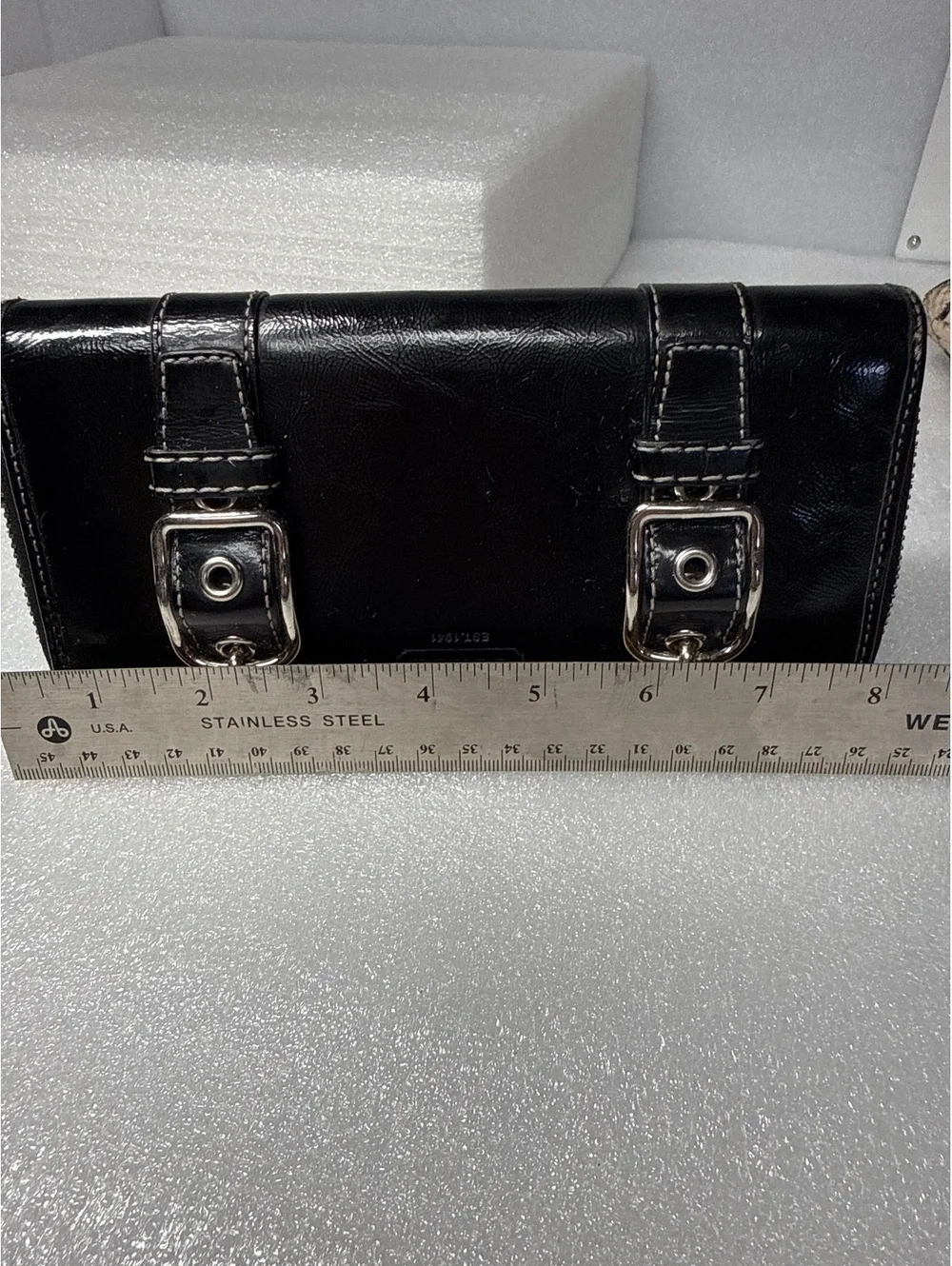 Coach Black Patent Leather Zip Around Wallet Buckle Accent Purple Interior